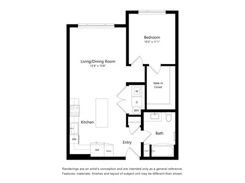 A floor plan of a small apartment with a living room, kitchen, bathroom, and bedroom.